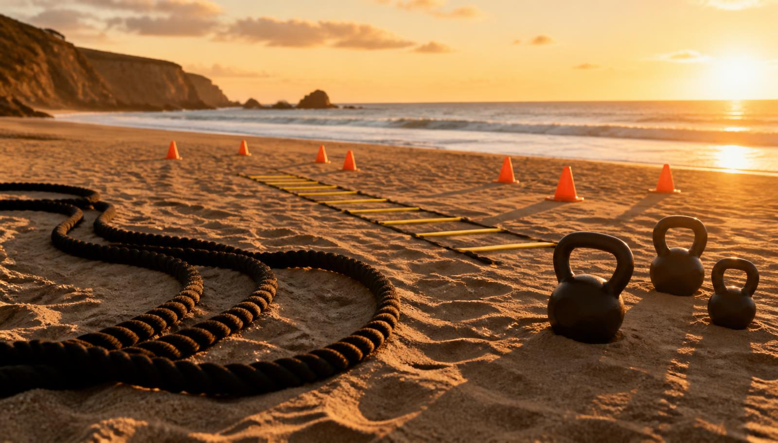 Cones, corda naval e kettlebells montados na areia da praia ao pôr do sol